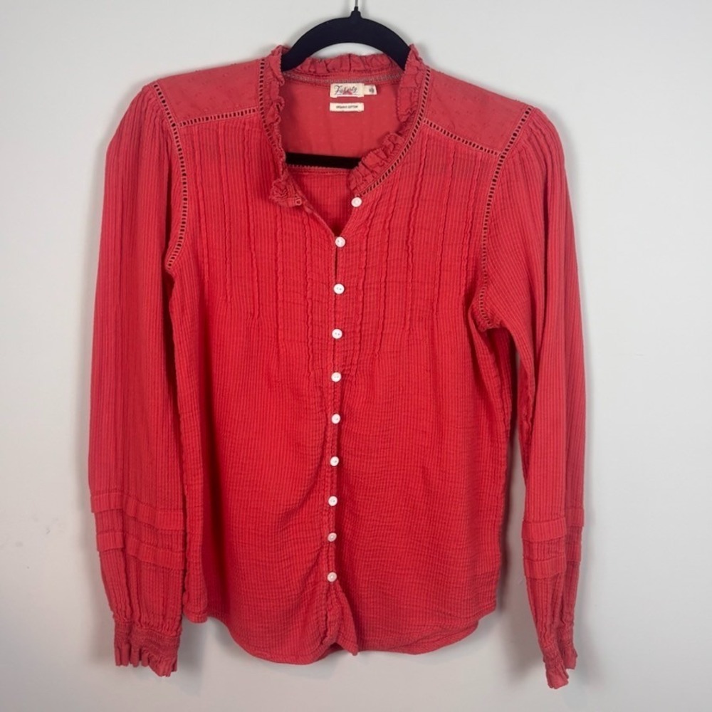 Faherty Willa Blouse Red Organic Cotton Long Sleeve Blouse Womens MED Boho